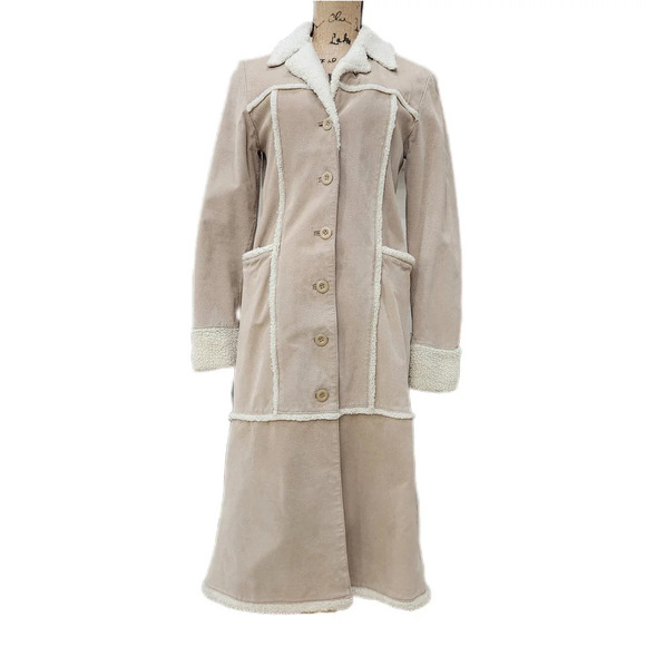 VINTAGE 90s WET SEAL Cream/Beige Suede Trench Coat,Faux Sherpa, US Womens Medium - Picture 2 of 7